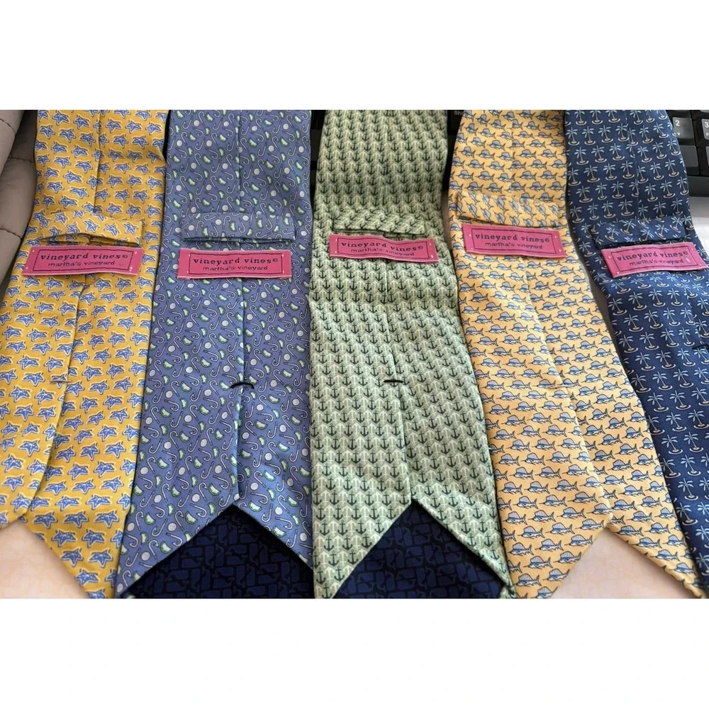 Vineyard Vines Tie Lot 5 Fish Anchor Nautical‎ Palm Tree Hook Blue Yellow Green